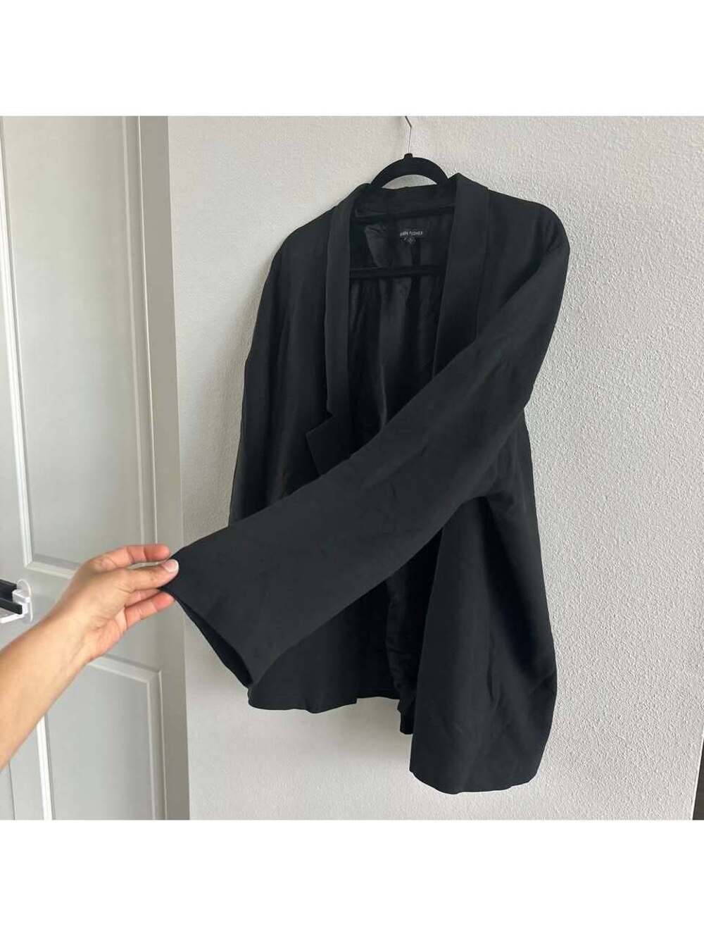 Eileen Fisher Solid Black Jacket Blazer Free Face Open 100% Silk Large - Picture 5 of 7